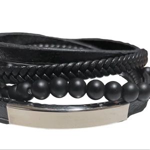 Mens stainless steele and leather 5 row bracelet